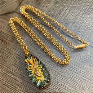 Germany Aurora Borealis Glass Sea Horse Reverse Carved Pendant Gold-tone Chain
